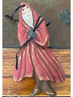 Handcrafted Wooden Santa Ornament With Bell Signed By Artist Red & Brown Rustic